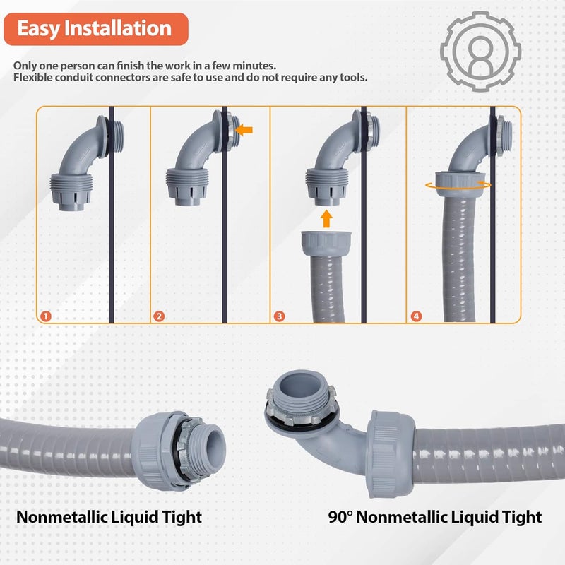 Neorexon Liquid-Tight Conduit 50 ft and 10 Pieces of Connector Kit, Electrical Conduit 1/2 50ft w/UL Certification, Flexible Conduit with 5 Straight and 5 90-Degree Conduit Connector Fittings - Image 5